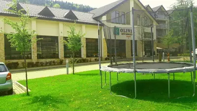 a swing in the grass in front of a building at Hotel Olivia Medical SPA in Skomielna Czarna