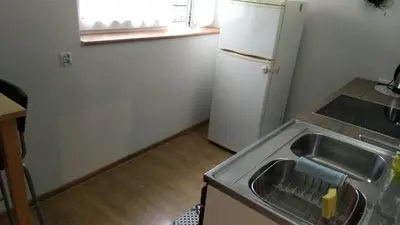 a small kitchen with a sink and a refrigerator at FEIDUM quarters flat in Kraków