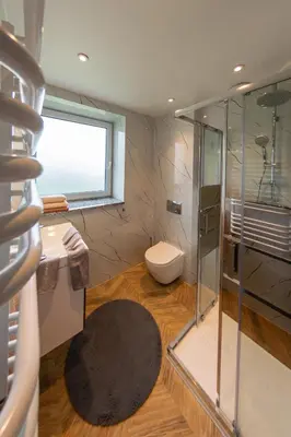 a bathroom with a shower and a toilet and a window at Willa Na Bystrej - Całoroczny dom na wynajem in Rabka-Zdroj