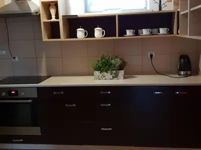 a kitchen with a stove and a counter top at Amla in Biadoliny Radłowskie
