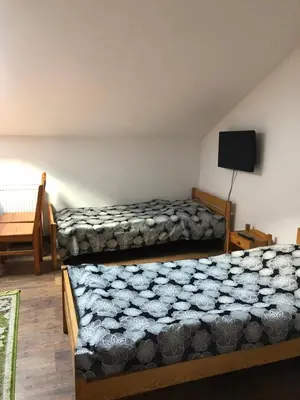 a bedroom with two beds and a tv on the wall at Amla in Biadoliny Radłowskie