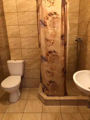 a bathroom with a toilet and a shower curtain at Amla in Biadoliny Radłowskie