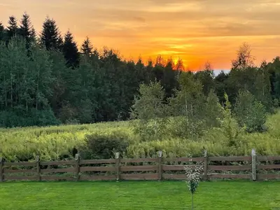 a fence in a field with a sunset in the background at Pod Gwiazdami in Dąbrówka