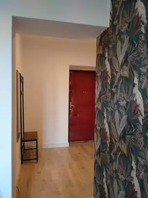 a room with a red door and a red wall at Parrot's Apartment in Kraków