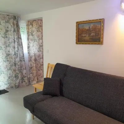 a living room with a couch and a picture on the wall at Domek Muchomorek 1km od Energylandii in Zator