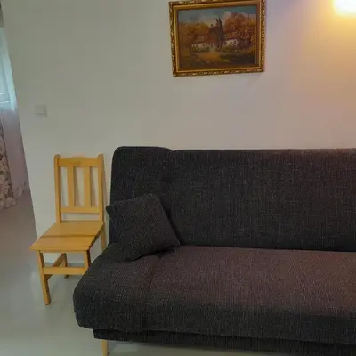 a couch and a chair in a living room at Domek Muchomorek 1km od Energylandii in Zator
