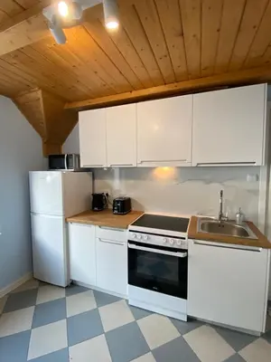a kitchen with white cabinets and a sink at Beskidzka Apartments in Sucha Beskidzka