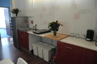 a kitchen with a vase of flowers on a counter at Vinci in Kraków