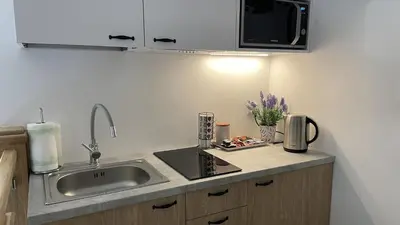 a kitchen with a sink and a counter top at Noclegi i Agroturystyka Dorota Rusnak in Poręba Wielka