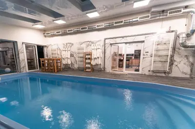 a swimming pool in a room with a wall with a mural at ŁOSOSINA 365 Dom z basenem in Łososina Dolna