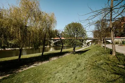 a bridge over a river with trees and a road at River Side Residence 3/18 in Oświęcim