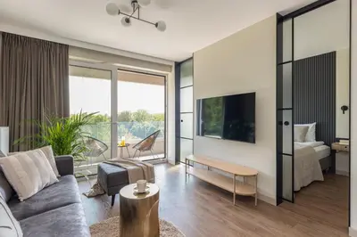 a living room with a couch and a tv at River Side Residence 3/18 in Oświęcim