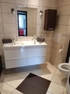 a bathroom with a sink and a mirror and a toilet at Apartament u Oli i Laury in Kraków