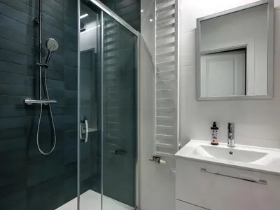 a bathroom with a shower and a sink and a mirror at Tyzenhauz Suites Topolowa in Kraków