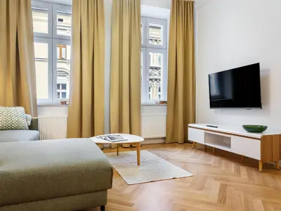 a living room with a couch and a tv at Tyzenhauz Suites Topolowa in Kraków