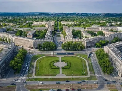 an aerial view of a city with a fountain at Nowa Huta Super Star in Kraków