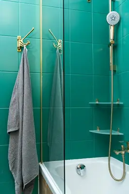 a green bathroom with a tub and a shower at Cozy Old Town Studio in Kraków