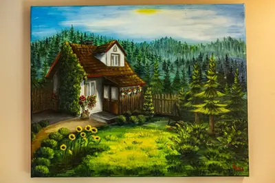 a painting of a house in a garden at Dom w górach z kominkiem i balią ogrodową Sielanka in Skomielna Czarna