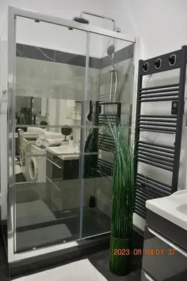 a glass shower in a bathroom with a sink at Apartment near Old Town in Kraków