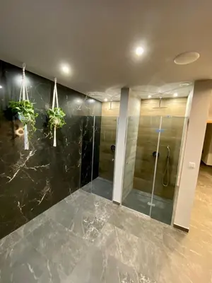 a bathroom with a shower and two potted plants at Stara Plebania in Ponice