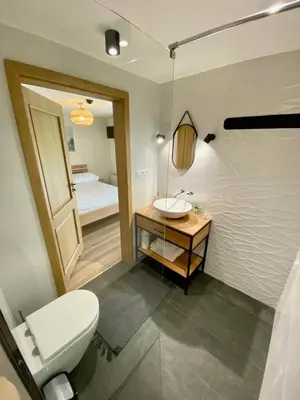 a bathroom with a white toilet and a sink at Stara Plebania in Ponice