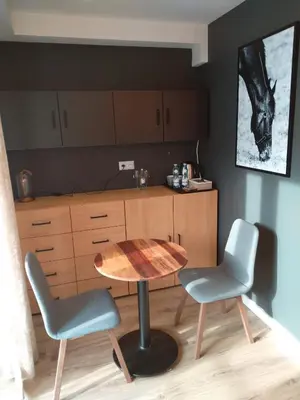 a kitchen with a table and two chairs at Stara Plebania in Ponice