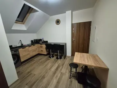 a room with a kitchen with a table and a sink at Noclegi Pod Lasem in Kraków