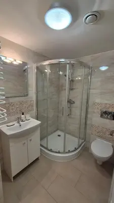 a bathroom with a shower and a sink and a toilet at Noclegi Pod Lasem in Kraków