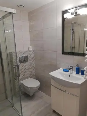 a bathroom with a toilet and a sink and a shower at Noclegi Pod Lasem in Kraków