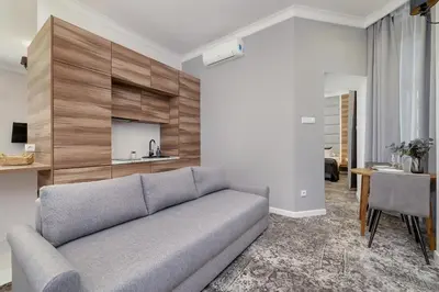 a living room with a couch and a television at Classy Cracow Apartments Rakowicka by Noclegi Renters in Kraków