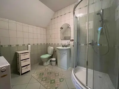 a bathroom with a shower and a toilet and a sink at Domek na Stasince in Sidzina