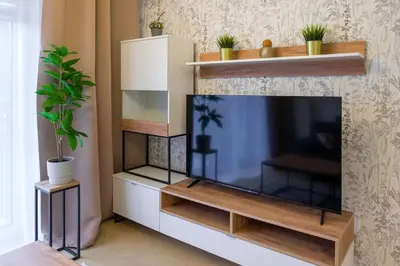 a living room with a flat screen tv on a wall at In Gold Apartment in Kraków