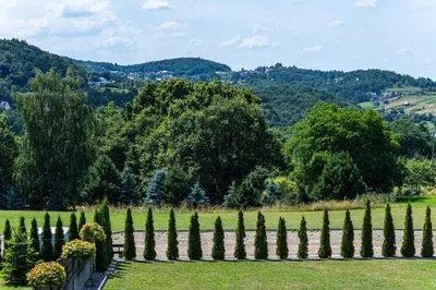 a garden with a row of hedges and trees at Hotel i Restauracja Stara Kuźnia in Dobczyce