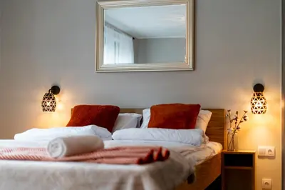 a bedroom with a bed with a mirror on the wall at Malila Premium Apartments Cracow Centre Grzegórzecka 15 in Kraków