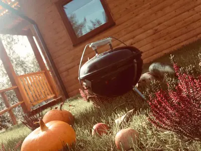 a grill sitting in the grass next to pumpkins at Relaksówka in Roztoka