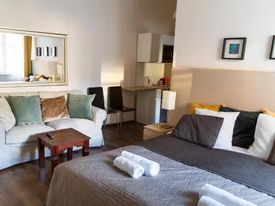 a bathroom with a shower and a toilet and a sink at Lounge Apartments in Kraków