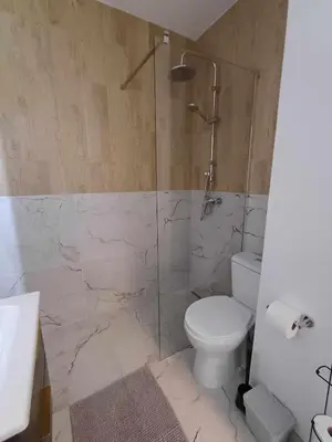 a bathroom with a shower and a toilet and a sink at Wielicka Apartment 3 in Kraków