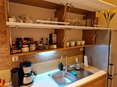 a kitchen counter with a sink and a shelf with cups at Royal Palace from the 14th century - 125 m2 in Kraków