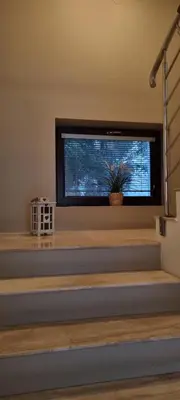 a room with stairs and a window with a potted plant at Emerald Spa Guest house in Kraków