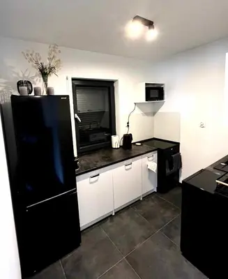 a kitchen with a black refrigerator and white cabinets at Domek Leo's House in Jaszczurowa