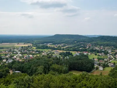 an aerial view of a town in the hills at Apartamenty W Centrum Chrzanowa in Chrzanów