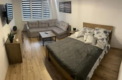 a bedroom with a bed and a couch at Apartament ,,Eden” in Zator