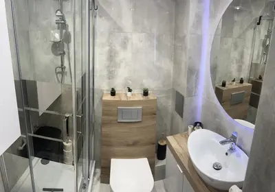 a bathroom with a shower and a toilet and a sink at Apartament ,,Eden” in Zator