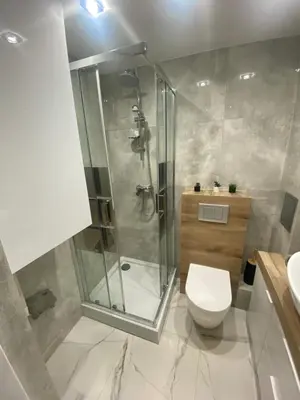 a bathroom with a shower and a toilet and a sink at Apartament ,,Eden” in Zator