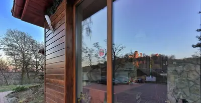 a window of a building with a view of a yard at Agroturystyka Podzamcze in Krzeszowice