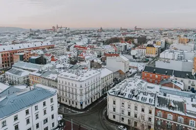 an aerial view of a city with buildings at Kraków Comfort Loft Apartments by Rentujemy in Kraków