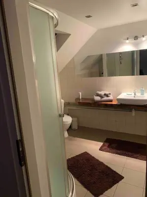 a bathroom with a sink and a toilet and a mirror at Stodoła Chillout Apartments in Marszowice