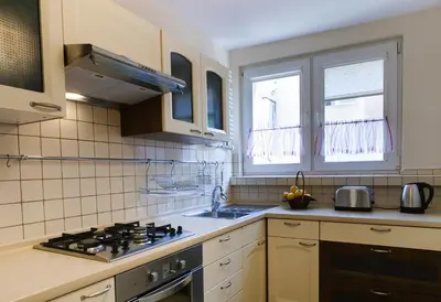 a kitchen with a stove and a sink and two windows at Kraków Cosy 3 room 2 bathroom Old Town in Kraków