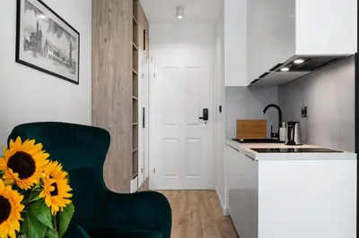 a kitchen with a green chair and a table with a sunflower at HOUSEHOST Apartments: Miodowa 42/12b Street in Kraków