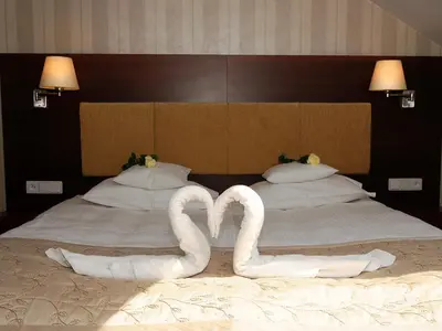 two swansuitsrendered to look like they are kissing on a bed at Centuria Hotel & Natural Spa in Ogrodzieniec